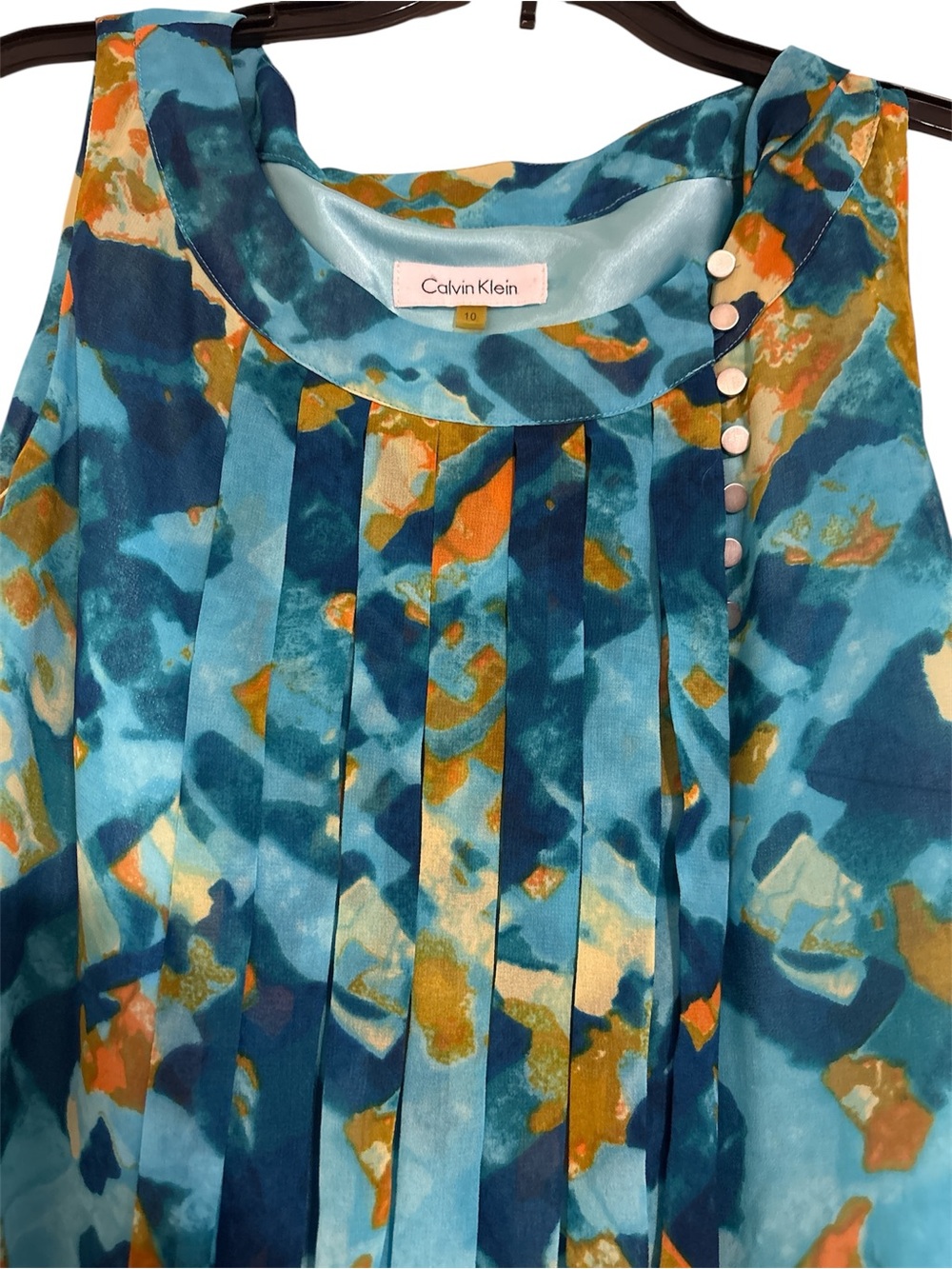 Calvin Klein Teal Blue Abstract Print Sleeveless Dress with tie. Size 10 - Picture 4 of 4